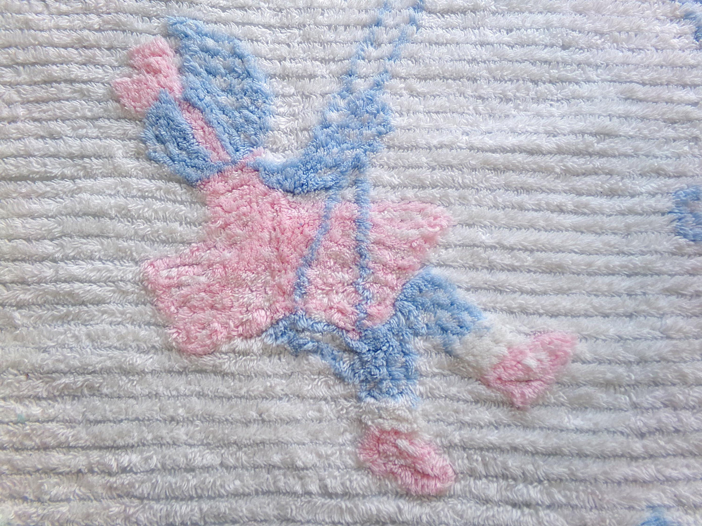 vintage chenille fabric panel: carefree little girl on swing in cameo of pink lilies, 28" x 38" large cut piece