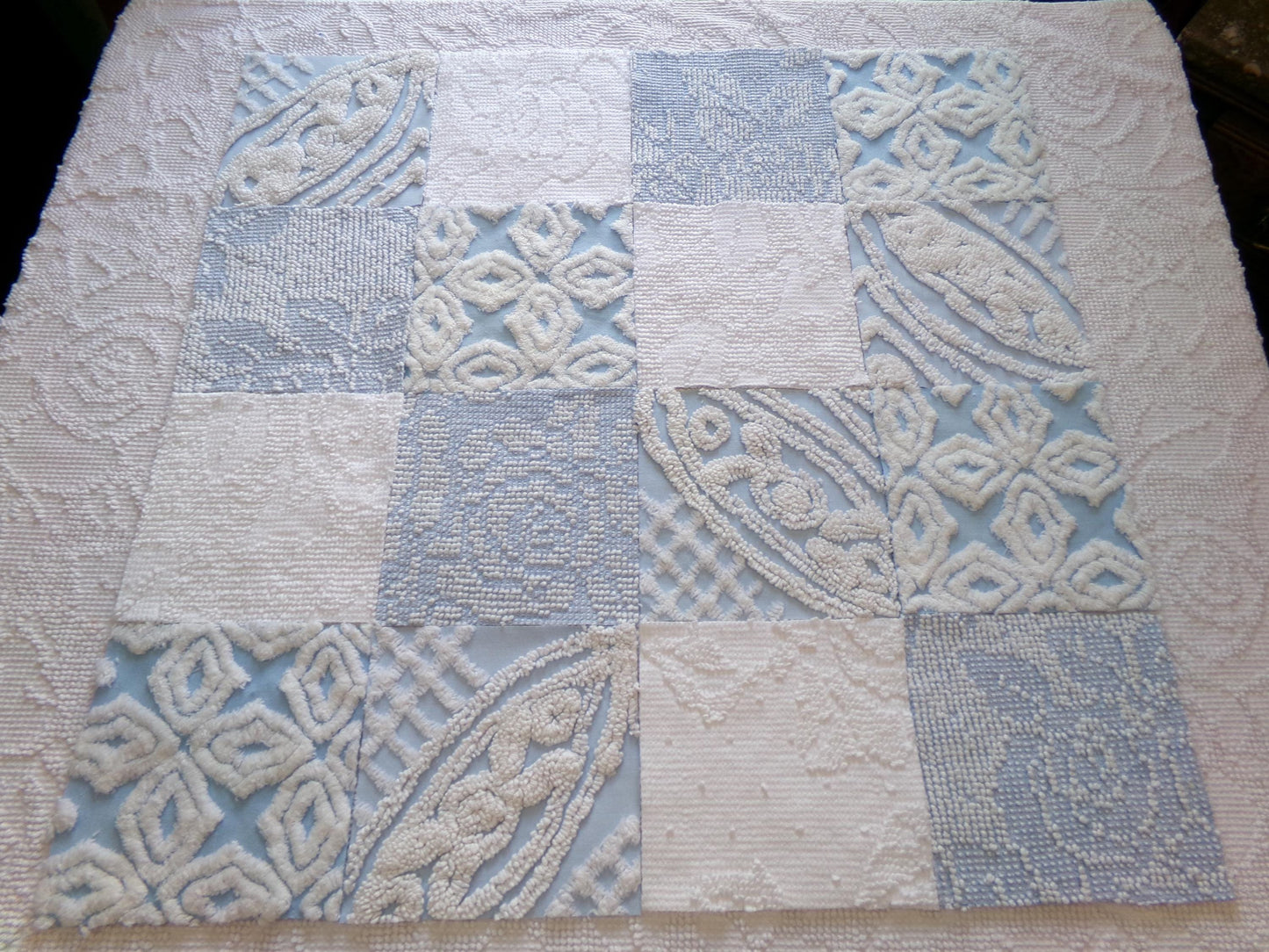 seaside serenity vintage chenille fabric squares, set of 16 blue & white 6" blocks for crafts, sewing