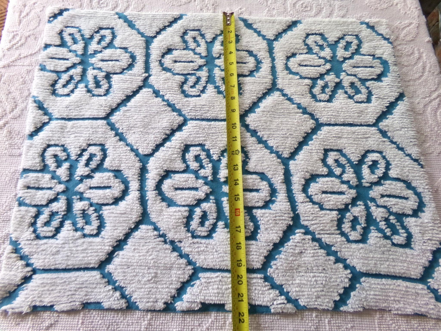 sea glass blue vintage fabric, texturized white daisy block design, 20" x 25" piece of sewing material cut from chenille bedspread