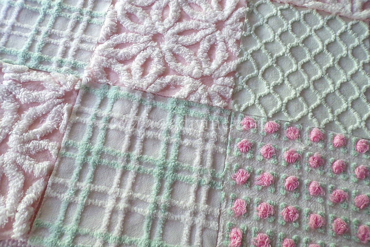 Picnic Time Chenille Quilt Squares Set from Vintage Bedspread Fabric, 16 Blocks, 6" x 6" inches each, Pretty Green, White, Pink Rosebud