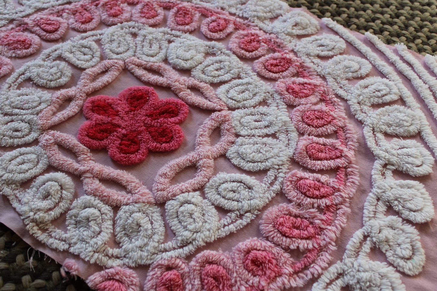 Yummy Strawberry Cake Vintage Chenille FABRIC, 32" x 17" Inch Piece, Swirls & Twirls of Frosted Tufts