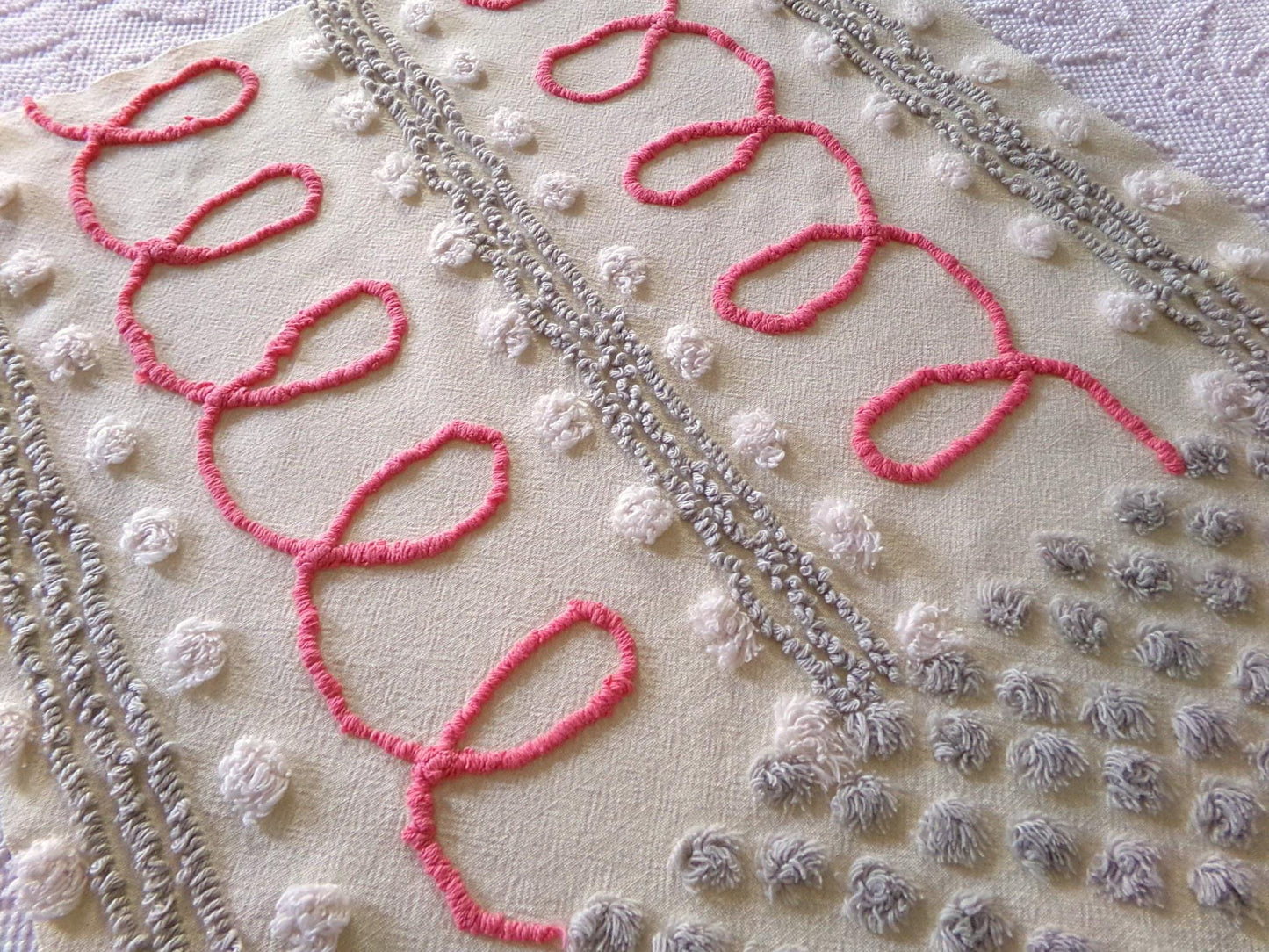 red doodles sewing fabric, retro design with grey pops on buttercream, 18" x 24" inch piece cut from a vintage chenille bedspread