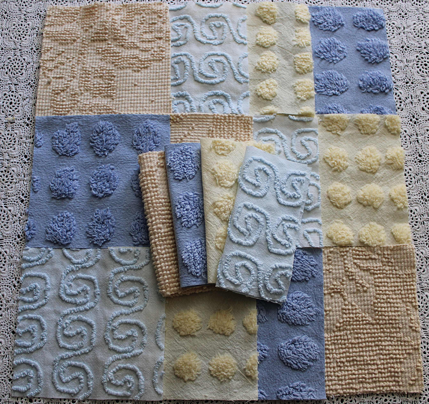 Ocean Sands Vintage Chenille Fabric Squares, Blue & Golden Sand Craft Square Set, 16 Blocks, 6" x 6" inch, Modern Chic