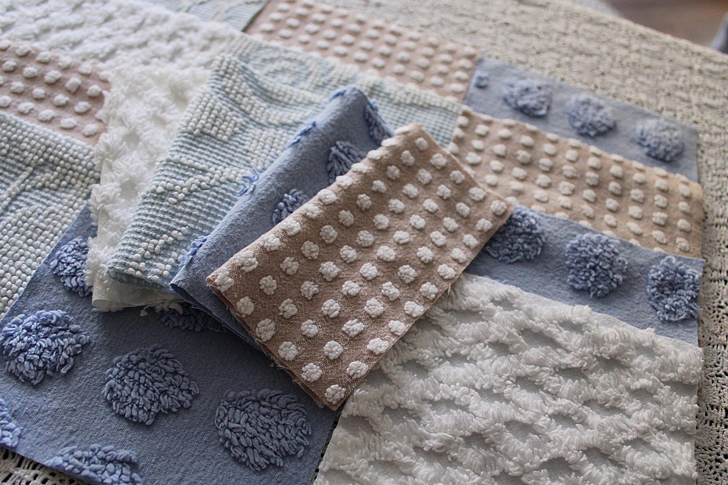 Serene Shores Vintage Chenille Fabric Squares, Blue, White & Sand Craft Square Set, 16 Blocks, 6" x 6" inch, Modern Chic