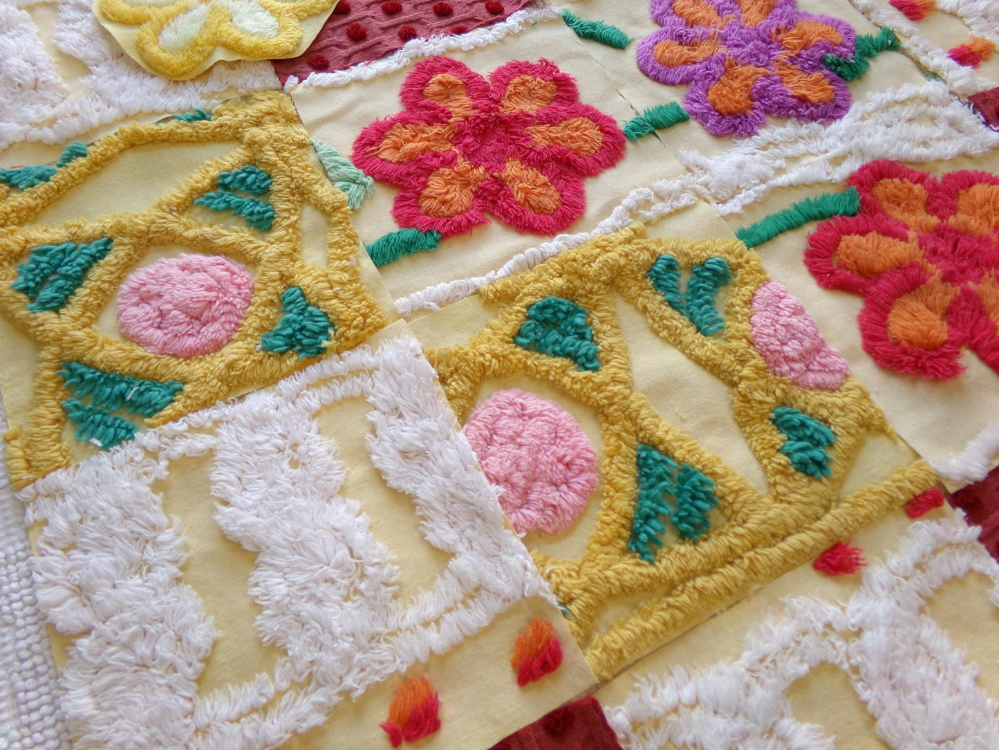 16 vintage 6" chenille fabric squares, set of yellow red quilt blocks, roses & sunshine