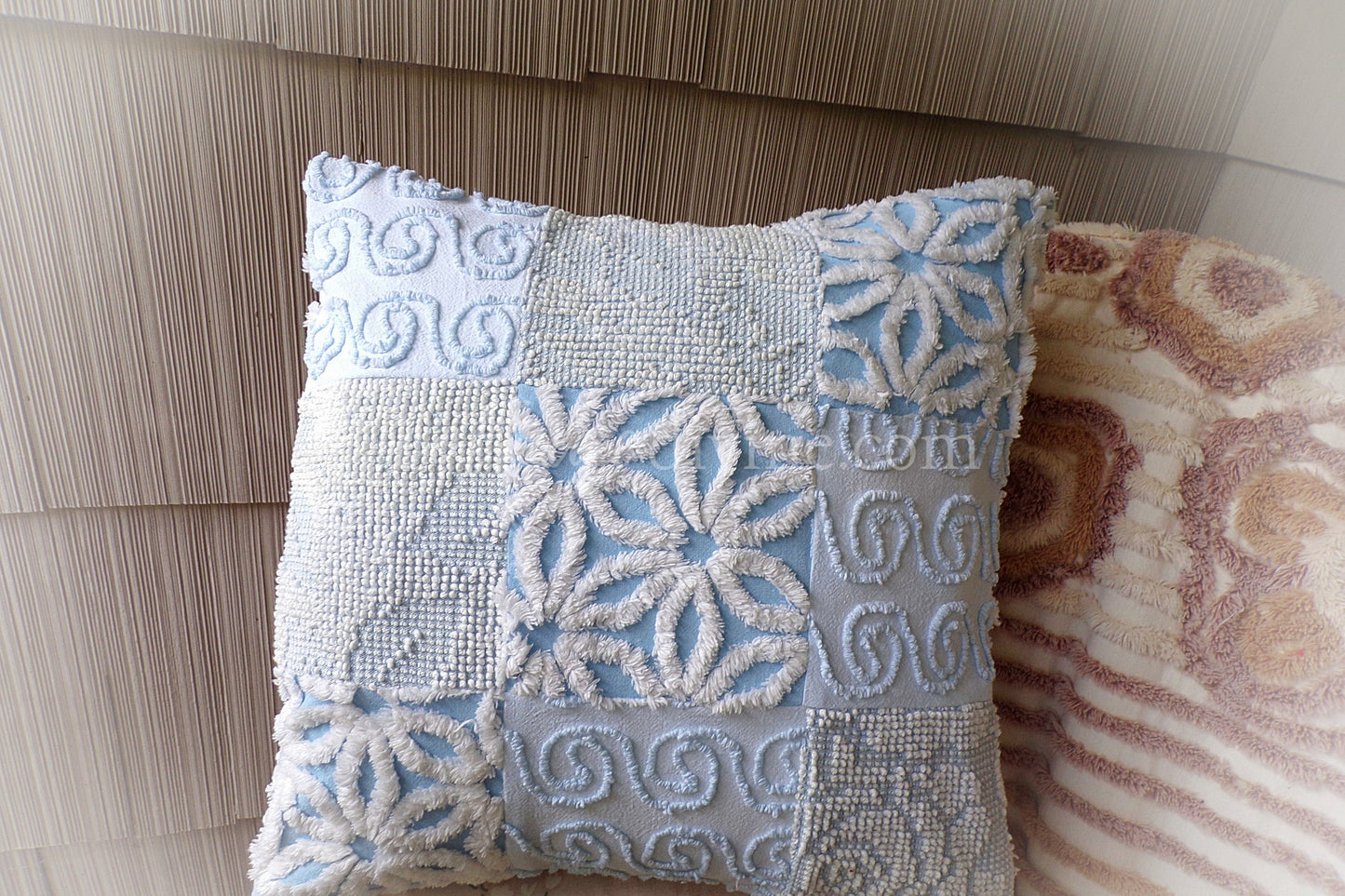 Beach Cottage Chenille Pillow Cover 16" x 16" inch Square, REVERSIBLE Patchwork Blue Accent Pillow from Vintage Chenille Bedspread Fabric