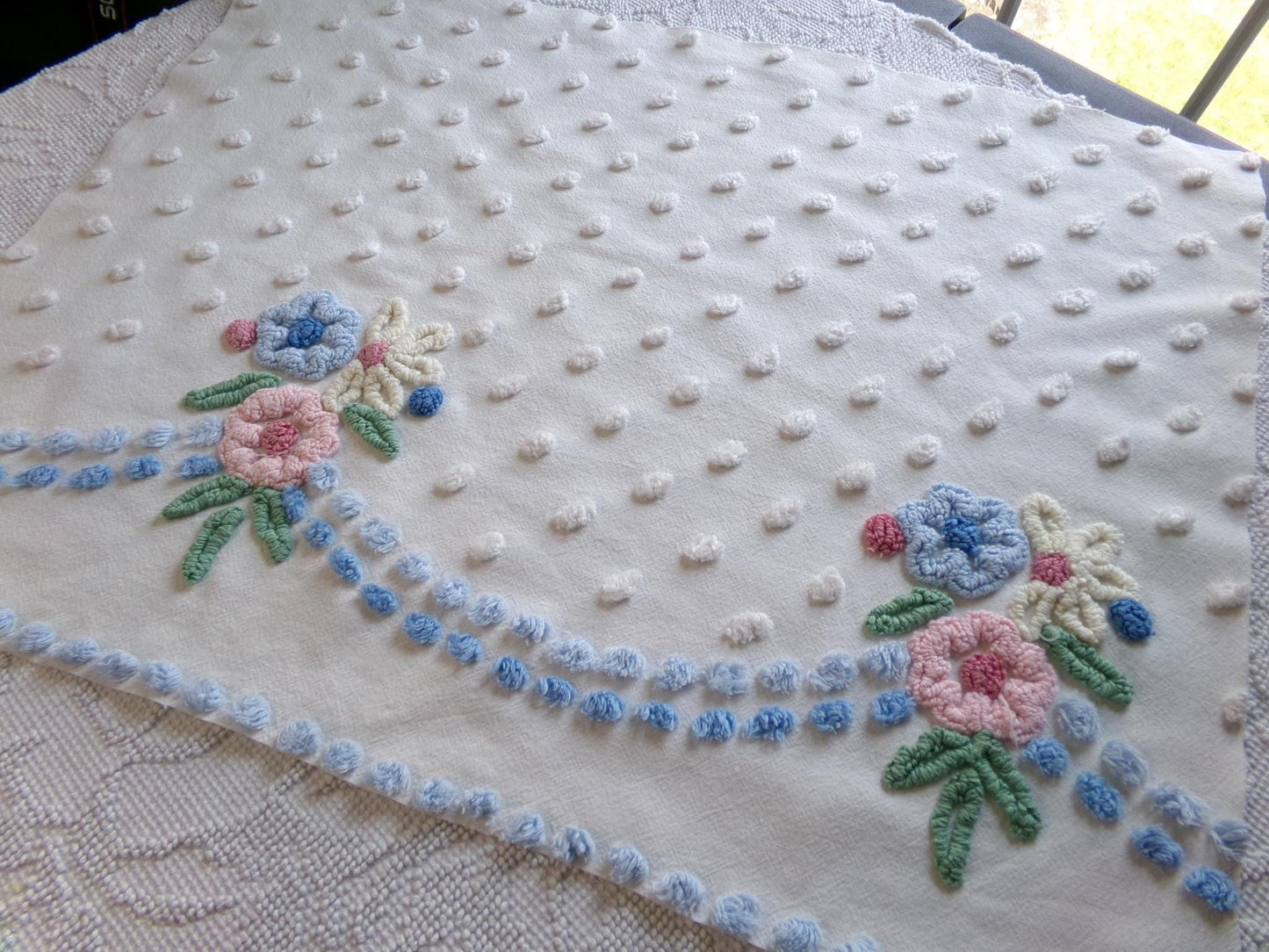 classic shabby chic vintage chenille fabric, beautiful floral 20" x 26" inch piece of cotton sewing material, great for pillows & crafts