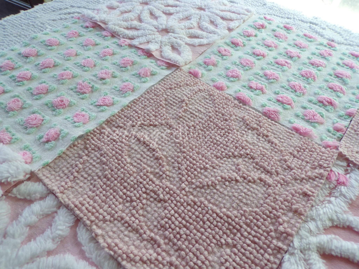 angel pinks vintage chenille fabric squares, rosebuds, daisy patterns, set of 16 quilting blocks, 6" x 6" each, pretty in patchwork pillows