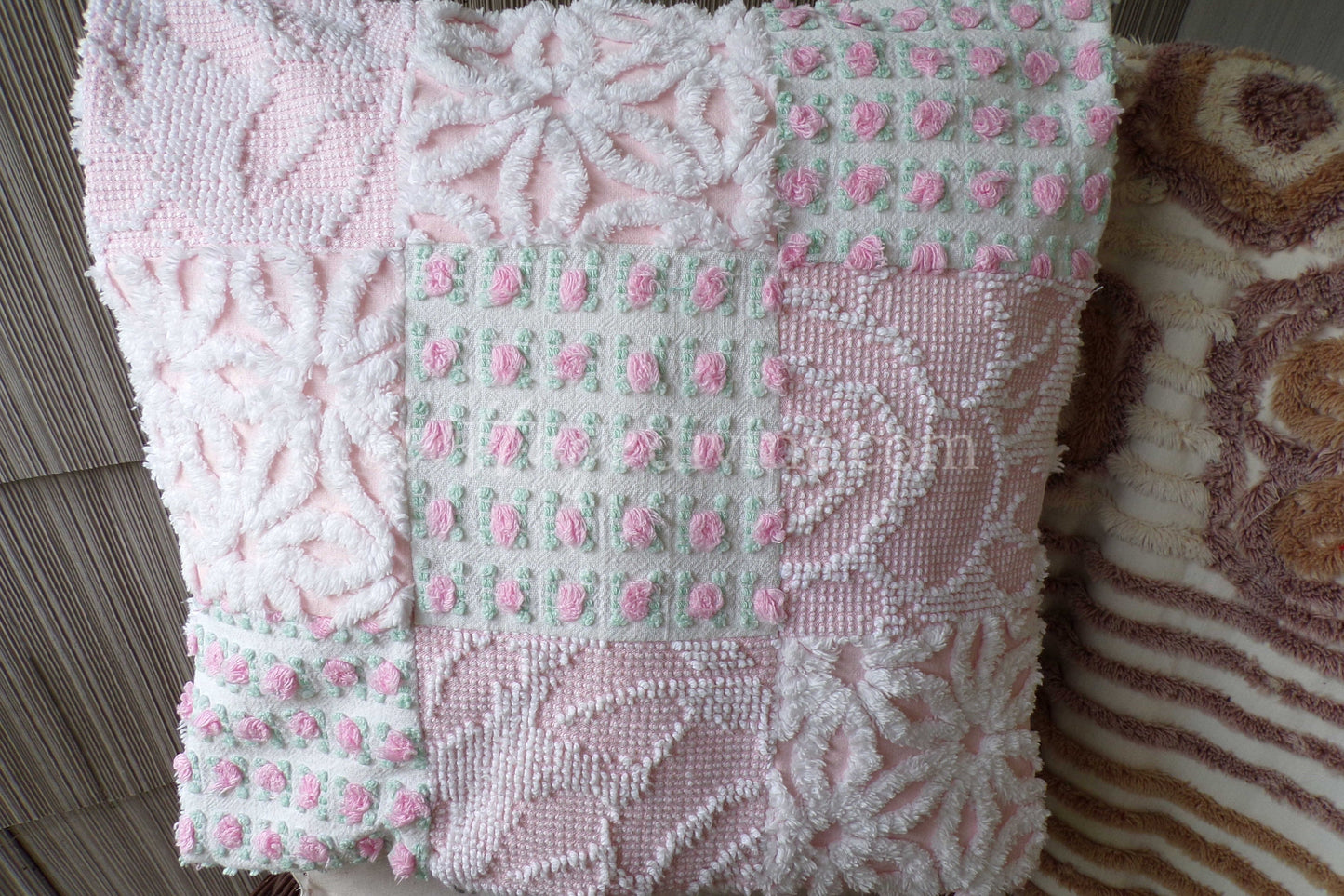 Cottage Fantasy Chenille Pillow Cover 16" x 16" inch Square, REVERSIBLE Patchwork Pink Accent Pillow from Vintage Chenille Bedspread Fabric
