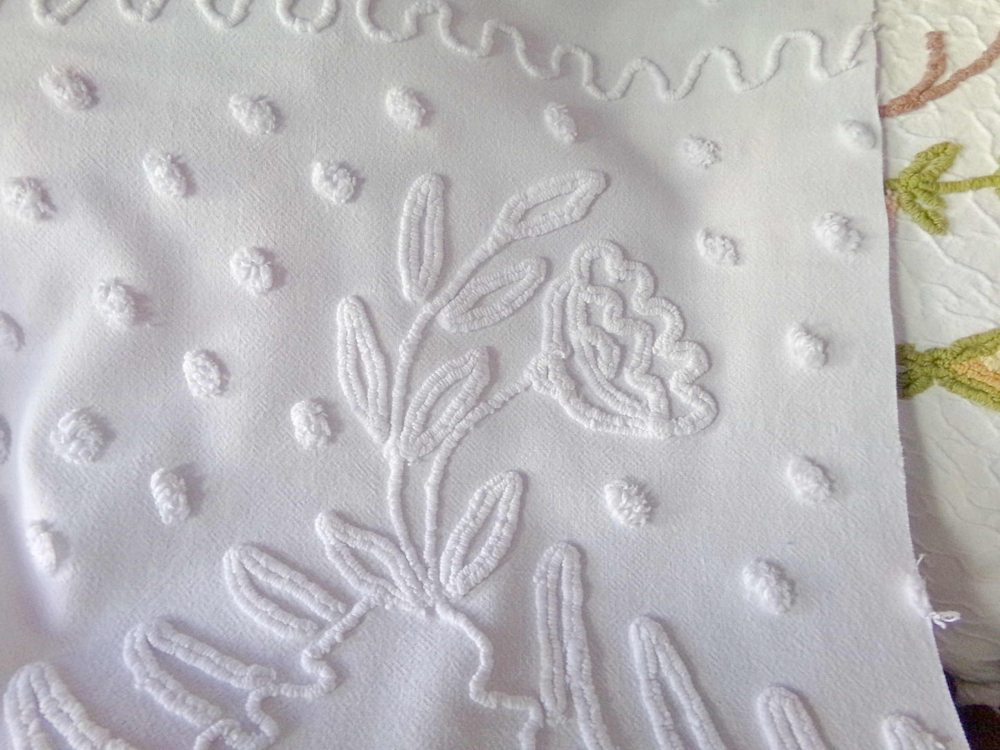 Farmhouse Floral White Vintage Chenille Fabric, 20" x 23" inch Piece, Timeless & Elegant