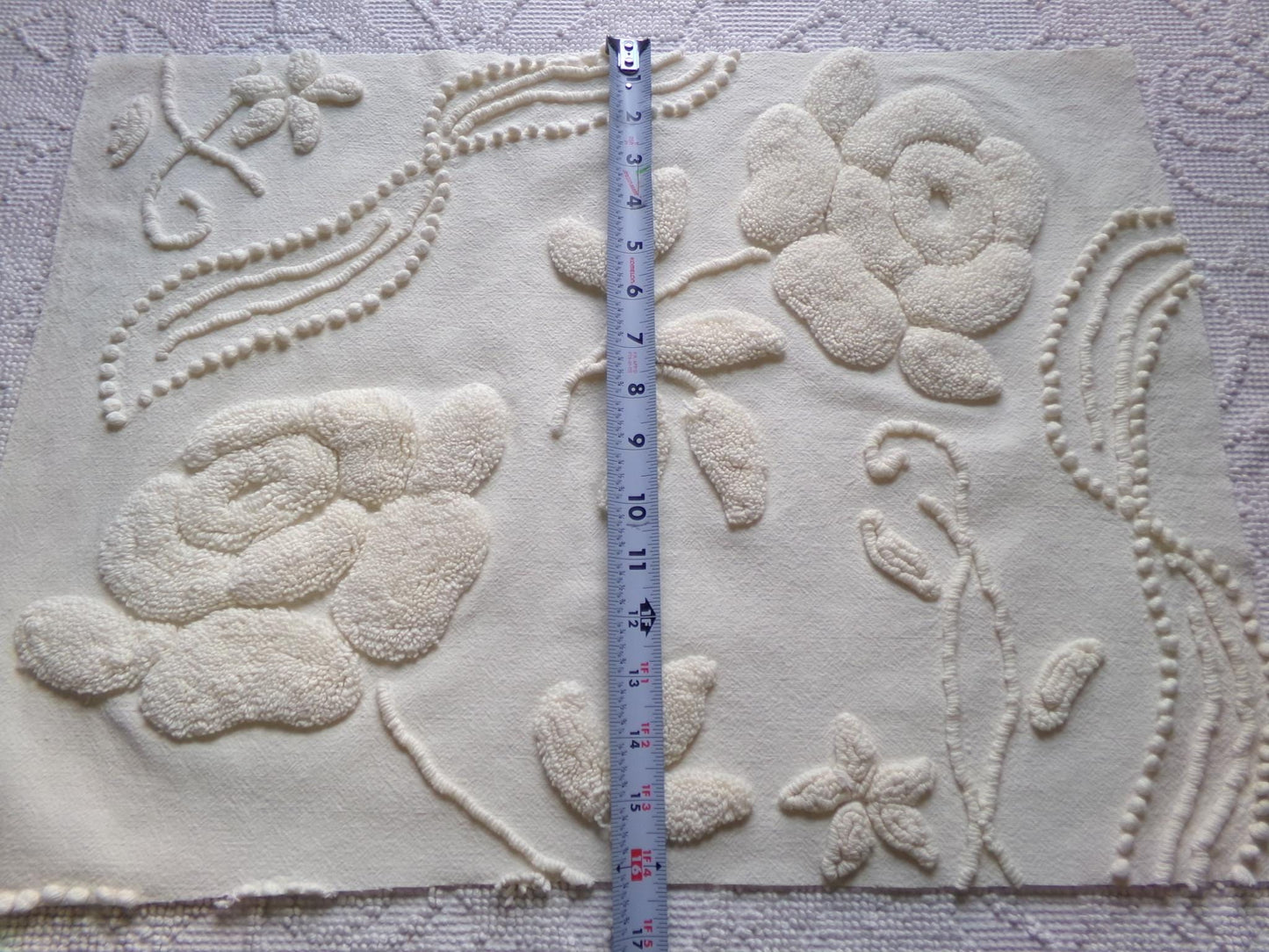 ivory rose vintage chenille fabric, vintage cotton 15" x 21" cut piece with sprawling stylized roses for quilting crafts and sewing