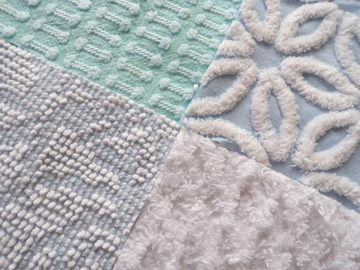 Barefoot on the Beach Chenille Quilt Squares Set from Vintage Bedspread Fabric, 16 Blocks, 6" x 6" inch, Coastal Blues & White