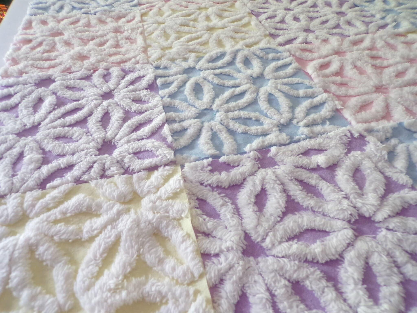 Rainbow Pastel Daisy Quilt Squares Set, Fluffy & Plush, from Vintage Chenille Bedspread Fabric, 16 Blocks, 6" x 6" inch
