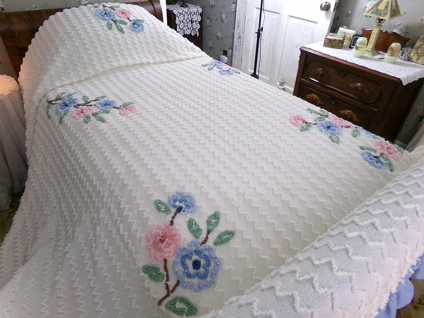 beach cottage seersucker vintage bedspread with tufted chenille zig zags, pink & blue flowers, ruffle accent, twin or full size bedding