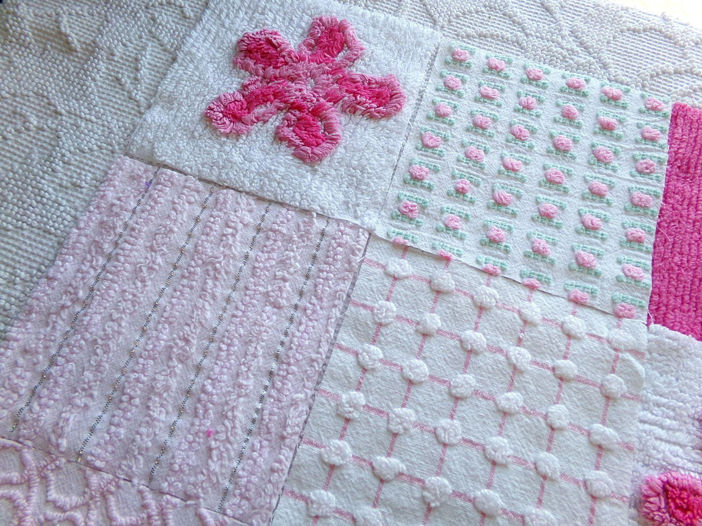 fun pink vintage chenille fabric squares, set of 16 quilt blocks 6" each geometric & flowers for crafts, sewing