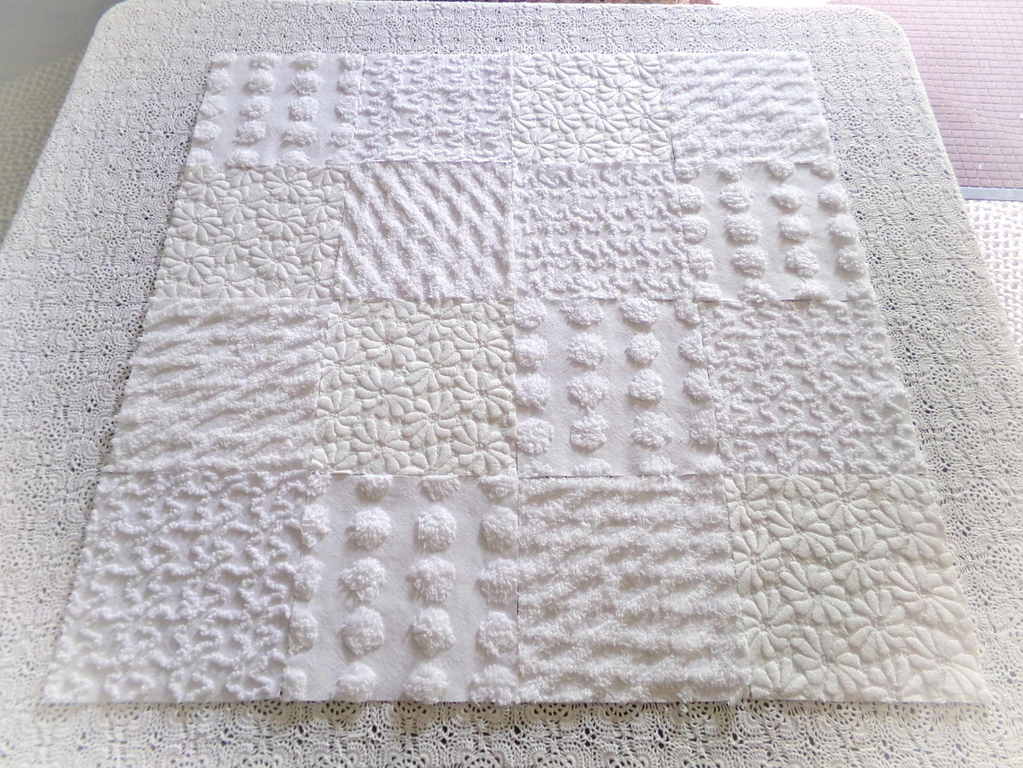 White Fabric Squares Cut from Vintage Woven & Chenille Bedspreads, *Daisies in Snow* Shades of White, 16 Quilt Blocks, 6" x 6" inch each
