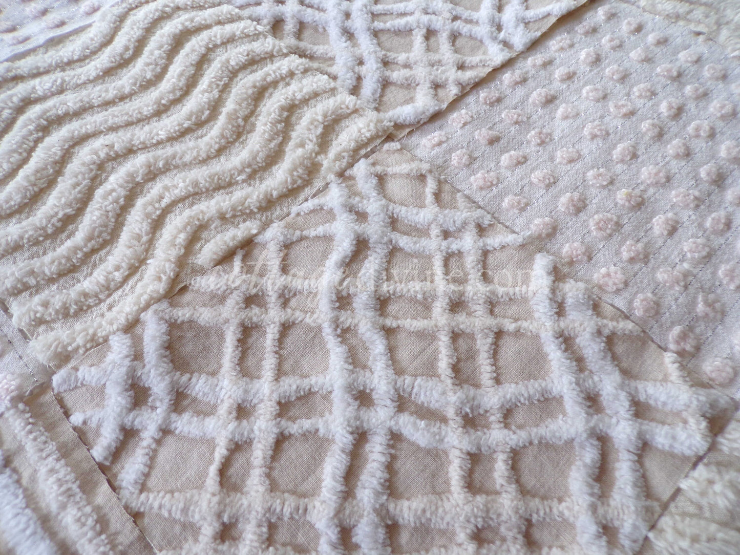 Cream Latte Quilt Squares Set from Vintage Chenille Bedspread Fabric, 16 Blocks, 6" x 6" inch, Neutral tones