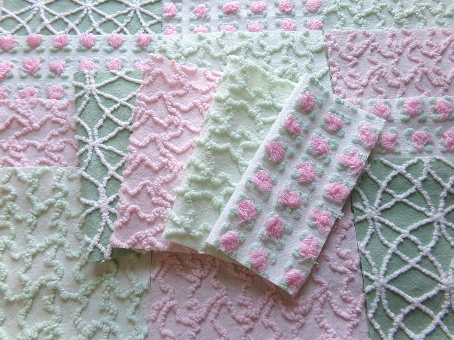 fairy garden chenille fabric squares, set of 16 vintage pink & green quilt blocks 6" ea, rosebud, squiggles for crafts, quilting