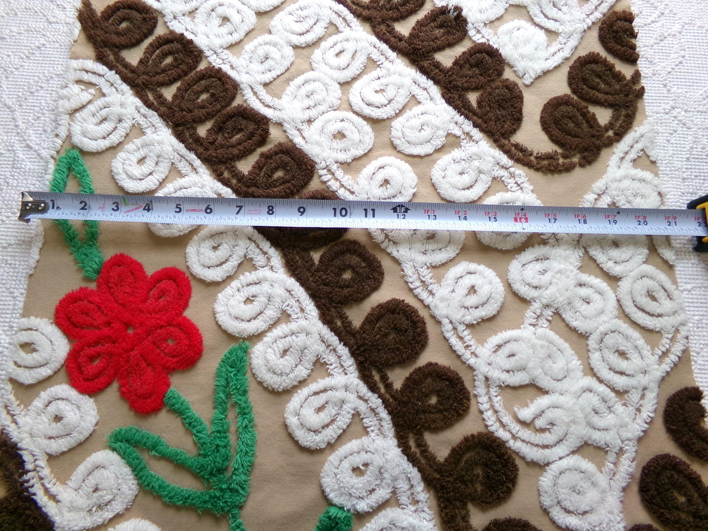 vintage chenille fabric, chocolate cake with a cherry on top, 20" x 26" piece of cotton sewing material in red flower, mocha, brown & white