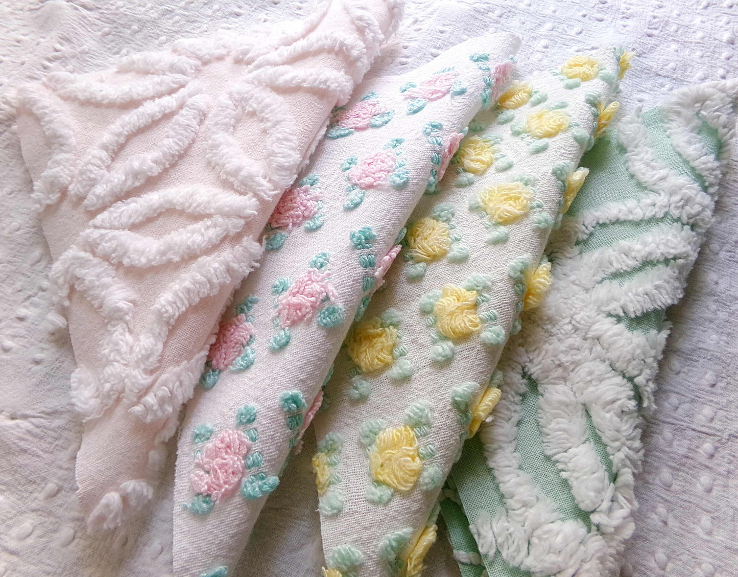 spring medley vintage chenille fabric squares, set of 16 pretty 6" quilt blocks, yellow & pink rosebud, daisy flower, white, mint green