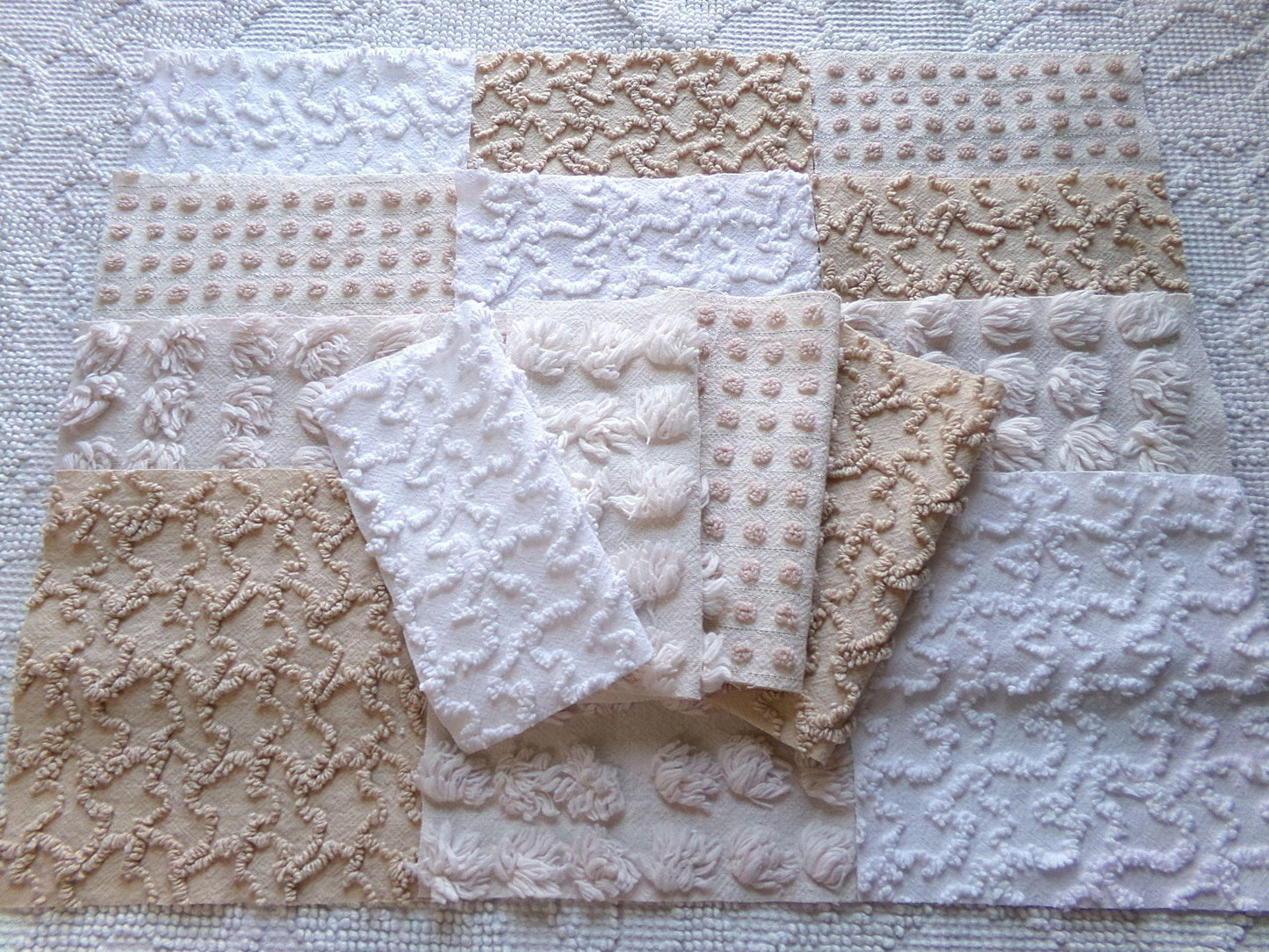 Neutral Modern Mocha & White Chenille Fabric Squares Set, 16 Vintage Quilt Blocks, 6" x 6" inches each, for Quilting, Sewing, DIY Pillows