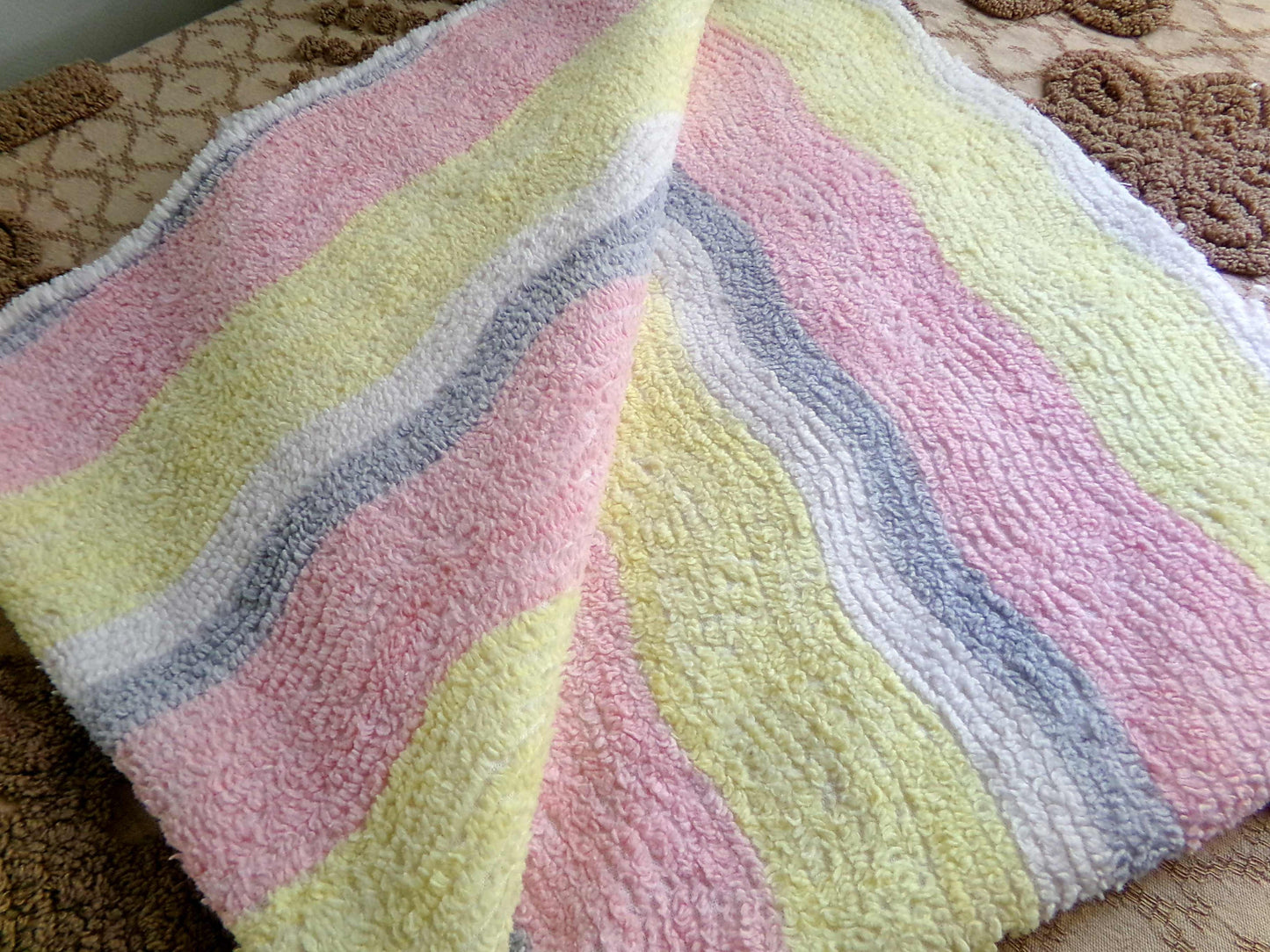 soft cozy striped chenille fabric, vintage 20" x 24" piece of lightweight sewing material in pink, yellow, white & grey ripple stripes