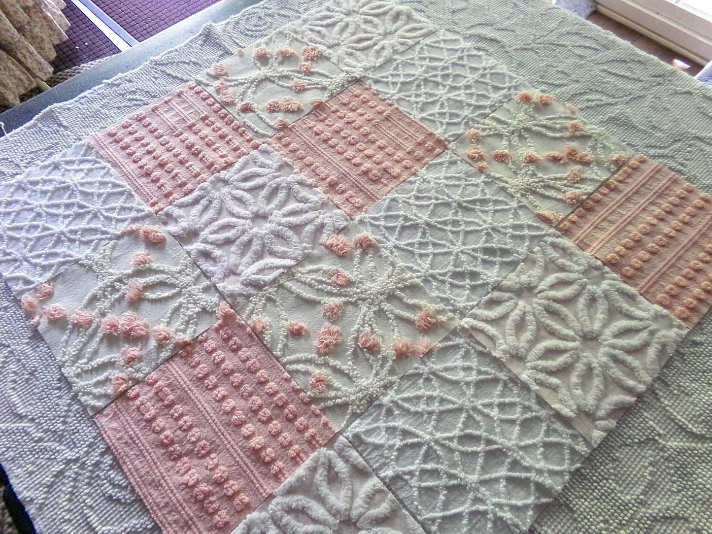 Chenille Fabric Squares Set, "Charmed", 16 Vintage Quilt Blocks, 6" inch in Pinks & White