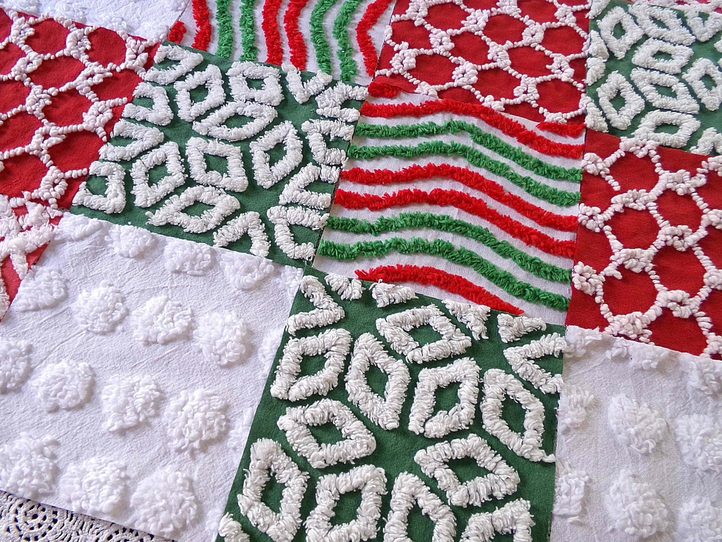 Christmas chenille fabric squares, red, white & green, 16 vintage quilt blocks 6" x 6" inch, for xmas stockings, pillows, quilting, crafts