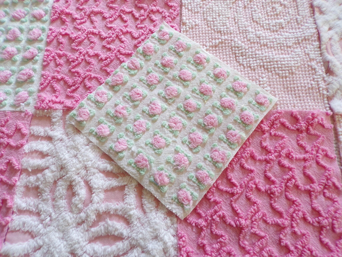 Must Love Pink Chenille Quilt Squares Set from Vintage Bedspread Fabric, 16 Blocks, 6" inch