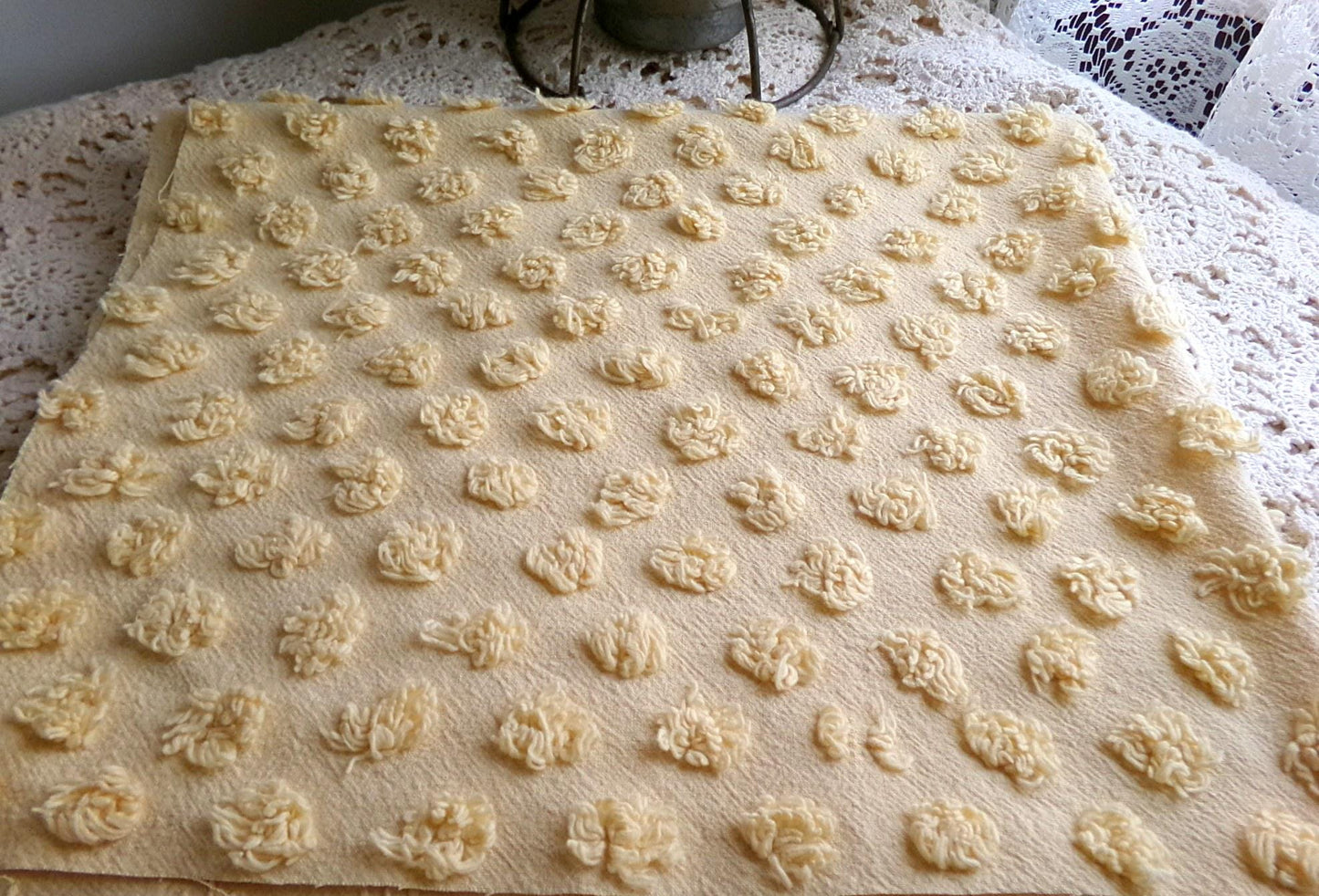 puffy gold pops vintage chenille fabric, boho style sewing material for handmade chenille quilts & crafts, 20" x 24" piece