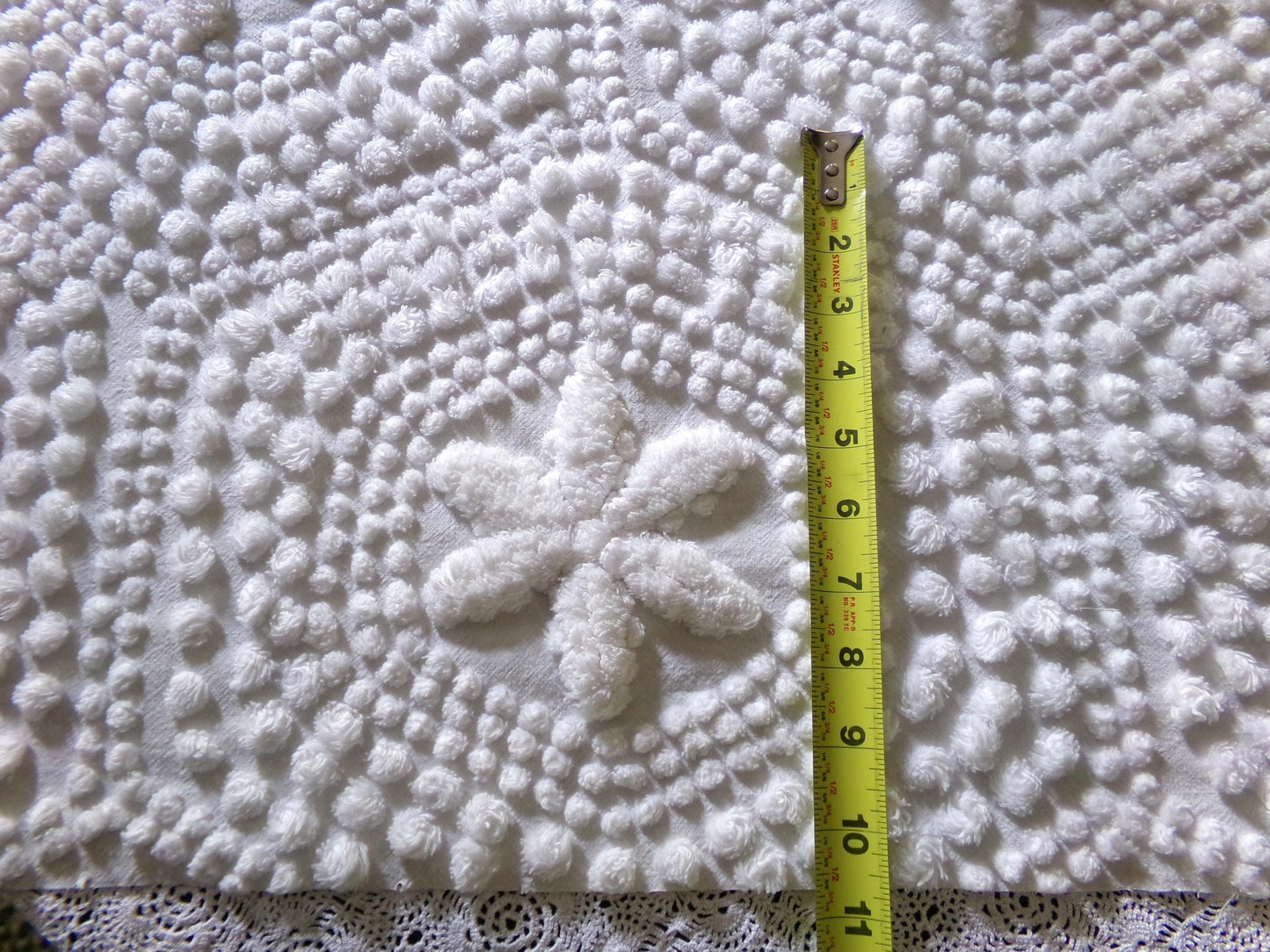 star mist white vintage chenille fabric, coastal 3D radiating starry pop motifs, 21" x 26" cut piece with fringe for pillows handmade quilts