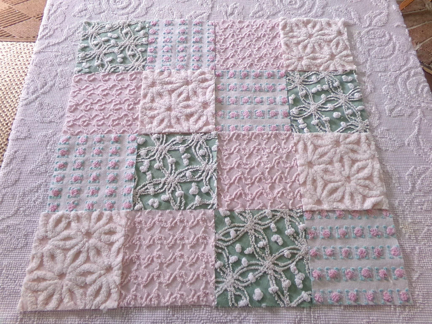 vintage chenille fabric quilt squares, "granny's garden" set of 16 blocks, 6" x 6" inch, pretty in rag quilts & patchwork pillows