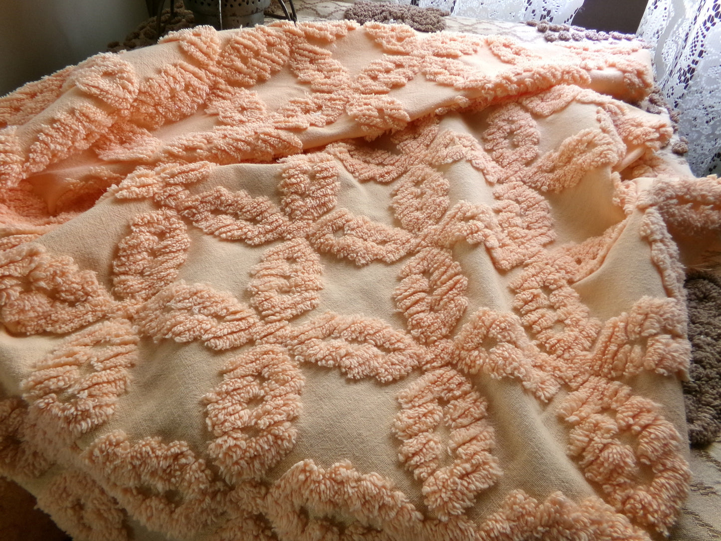 Peach Petals Vintage Chenille Quilt Fabric, 25" x 24" inch Piece, Raised Geometric Floral Pattern