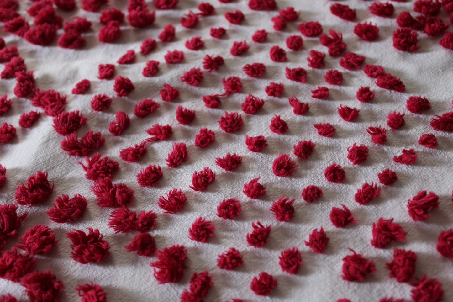 Fabulous Red Wine Vintage Chenille FABRIC PIECE, 21" x 27" inches, Handtufted Diamond Circle Puffs