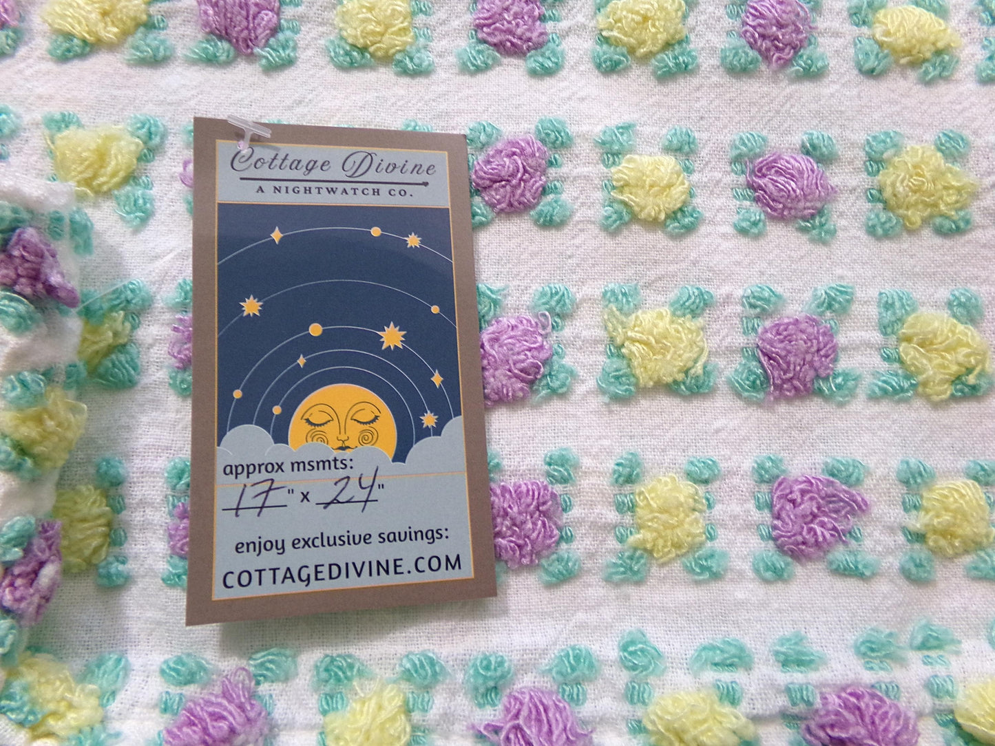 Rare Jewel Rosebud Vintage Chenille Fabric w/ Yellow & Amethyst Roses, 17" x 24" Cut Piece of Sewing, Quilt Material