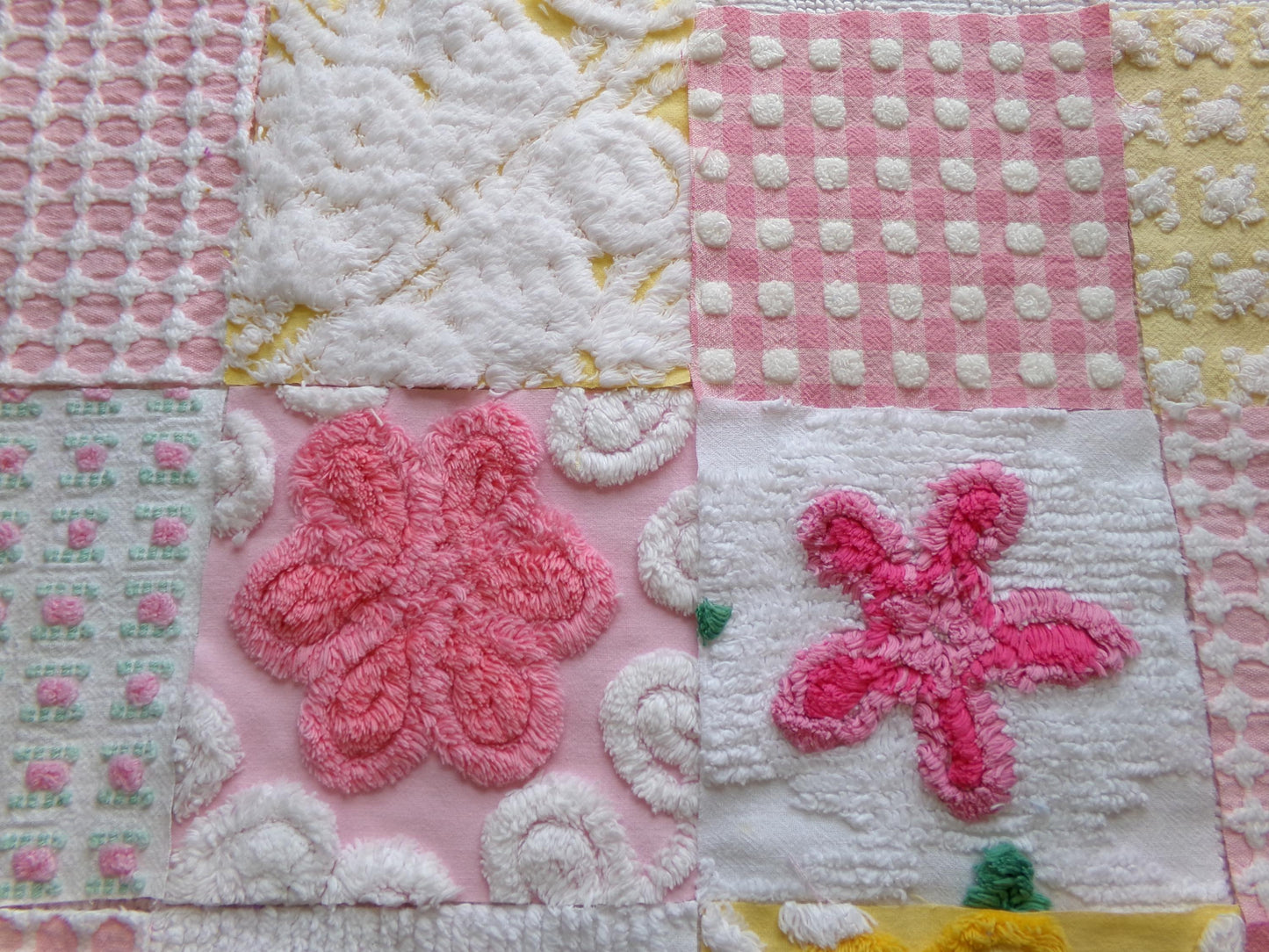 vintage chenille fabric squares, "spring sunrise" set of 16 floral 6" quilt blocks in yellow, pink & white