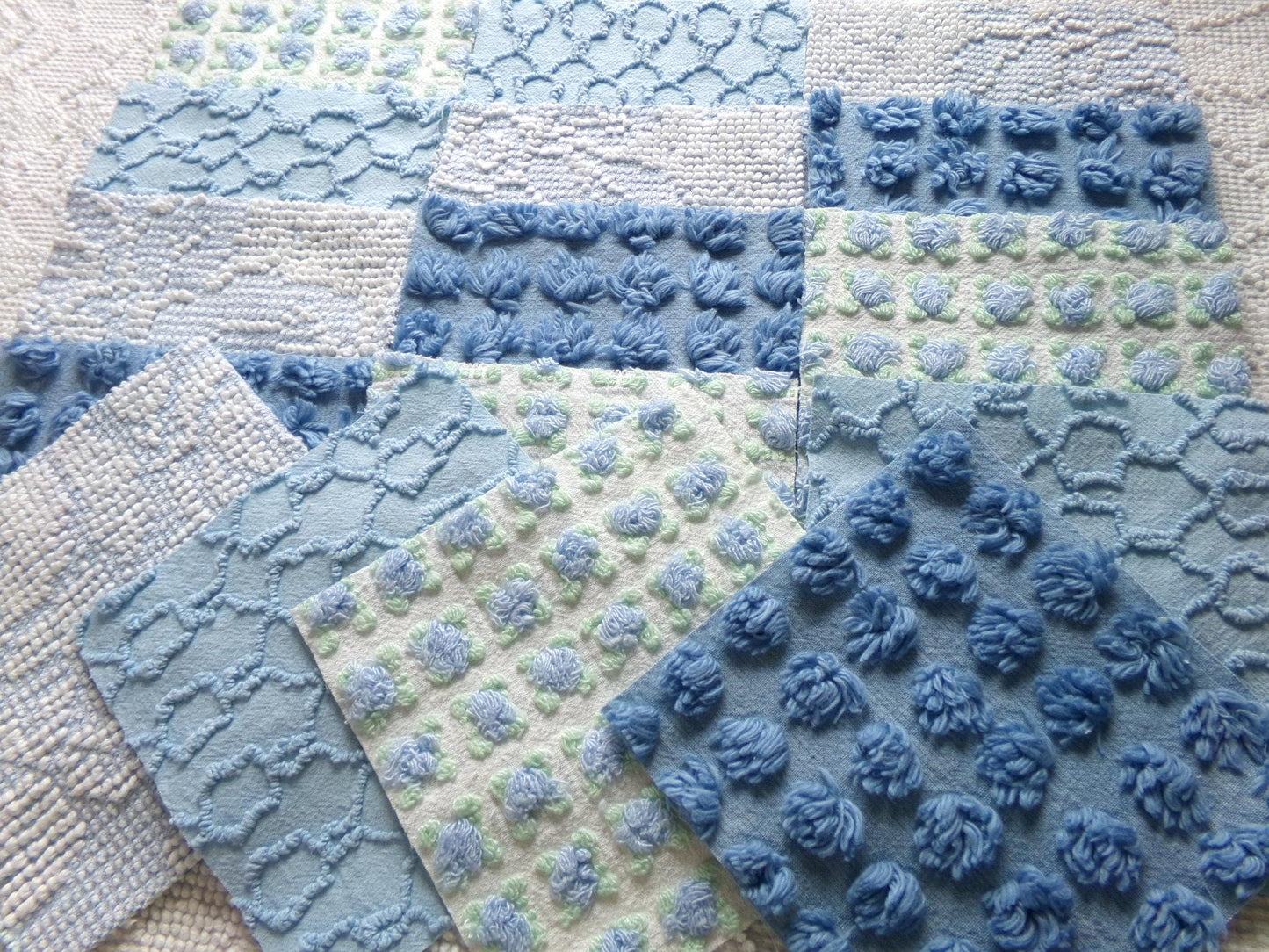 magical moonglow chenille fabric squares, 16 vintage 6" quilt blocks in blue & white, for sewing, crafts, fiber arts