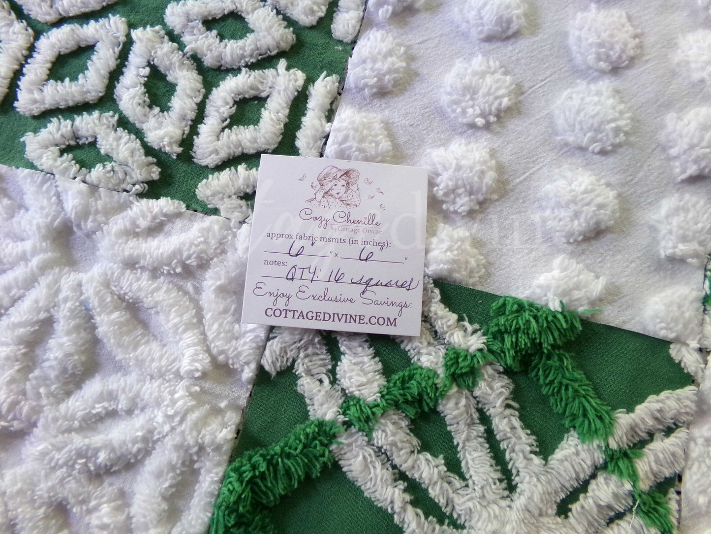 winter's enchantment vintage chenille fabric squares, set of 16 green & white quilting blocks, 6" each for patchwork pillows, quilt inlays