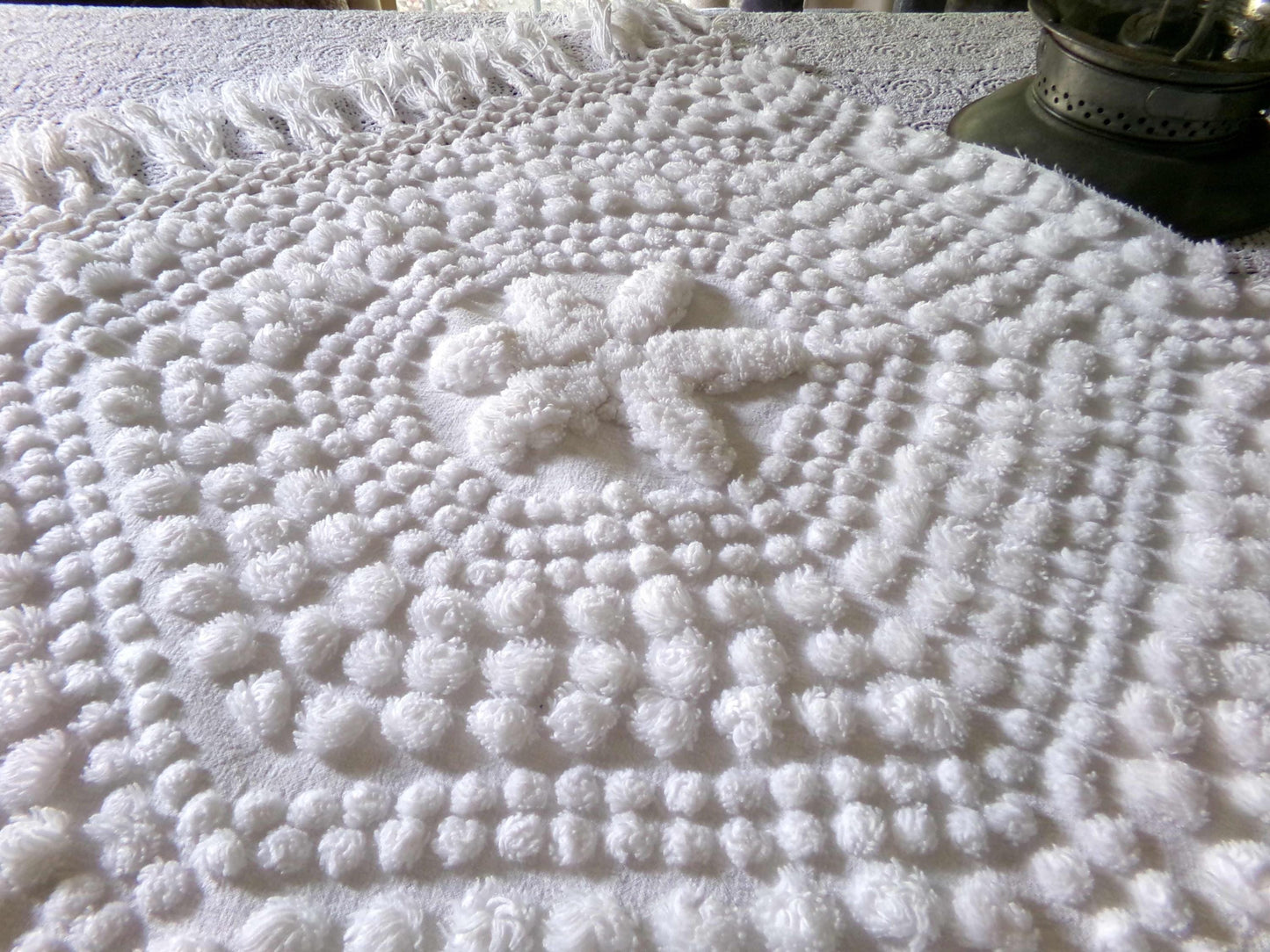 star mist white vintage chenille fabric, coastal 3D radiating starry pop motifs, 21" x 26" cut piece with fringe for pillows handmade quilts