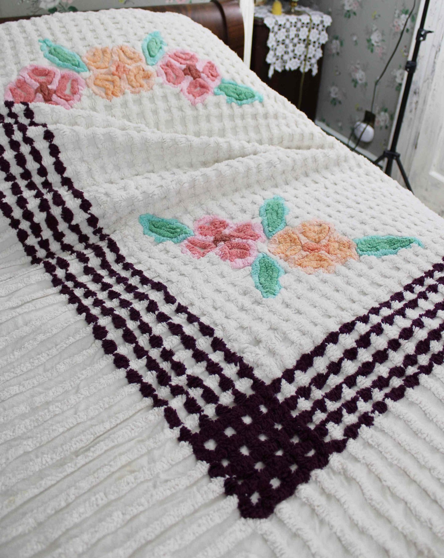 Simple Plush White Vintage Chenille Bedspread, Tropical Flowers on Waffle Tufts, Full Size