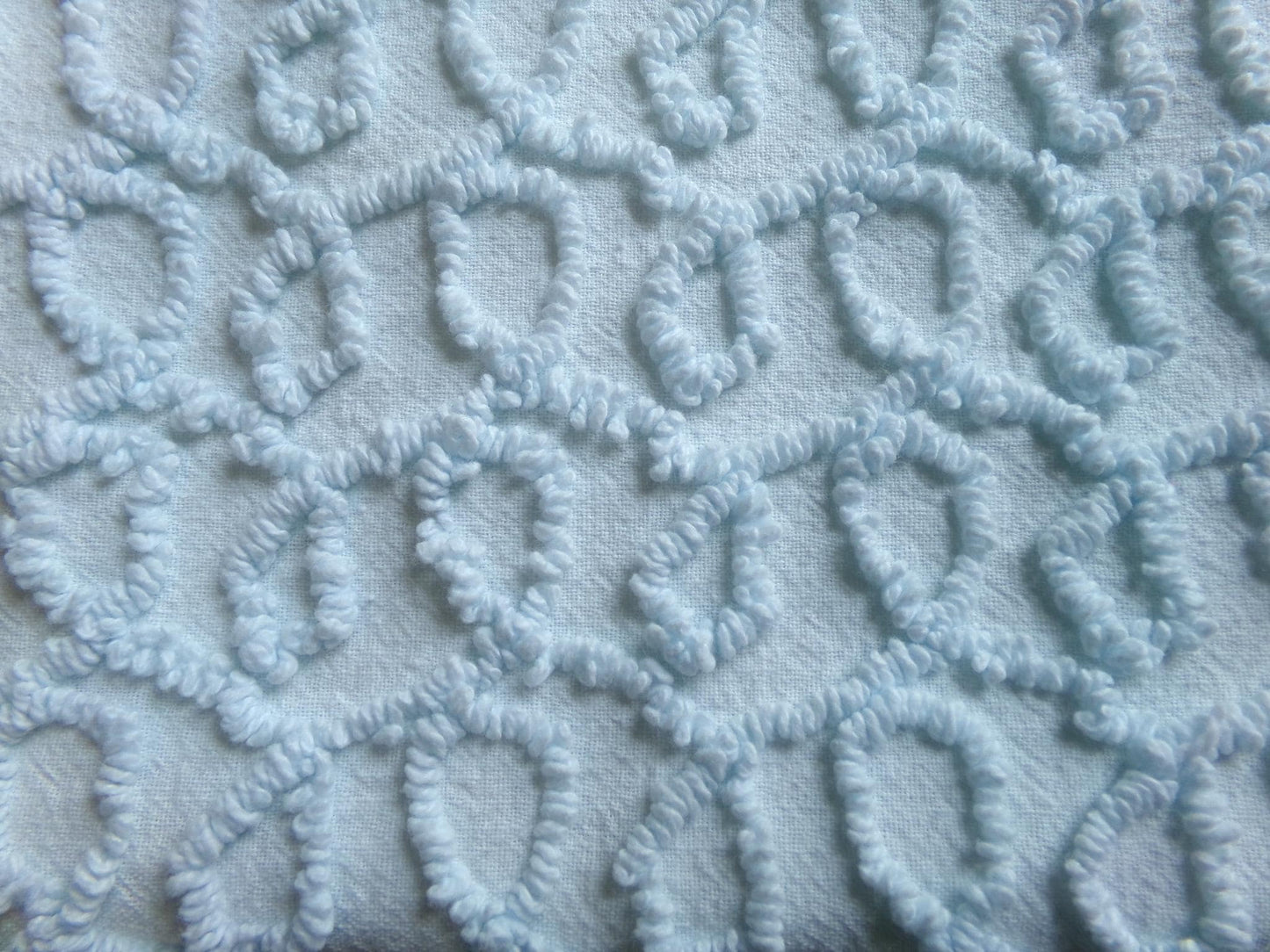 blue curly loops vintage chenille fabric, texturized unique needletuft pattern, 18" x 24" piece for quilts, fiber arts, sewing