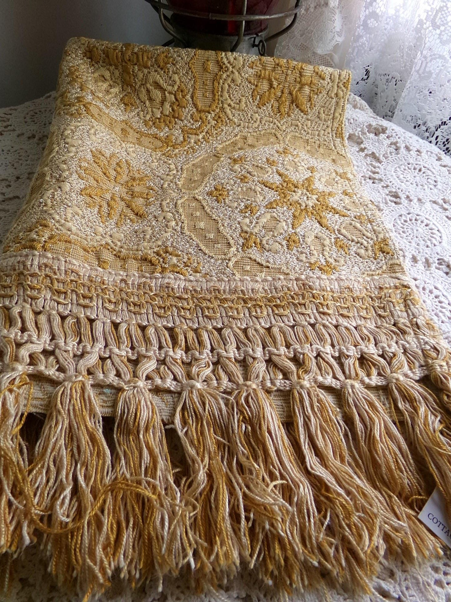 celestial gold matelasse woven tapestry fabric, silky shimmer fringe, 18" x 23" inch piece of vintage luxury sewing material