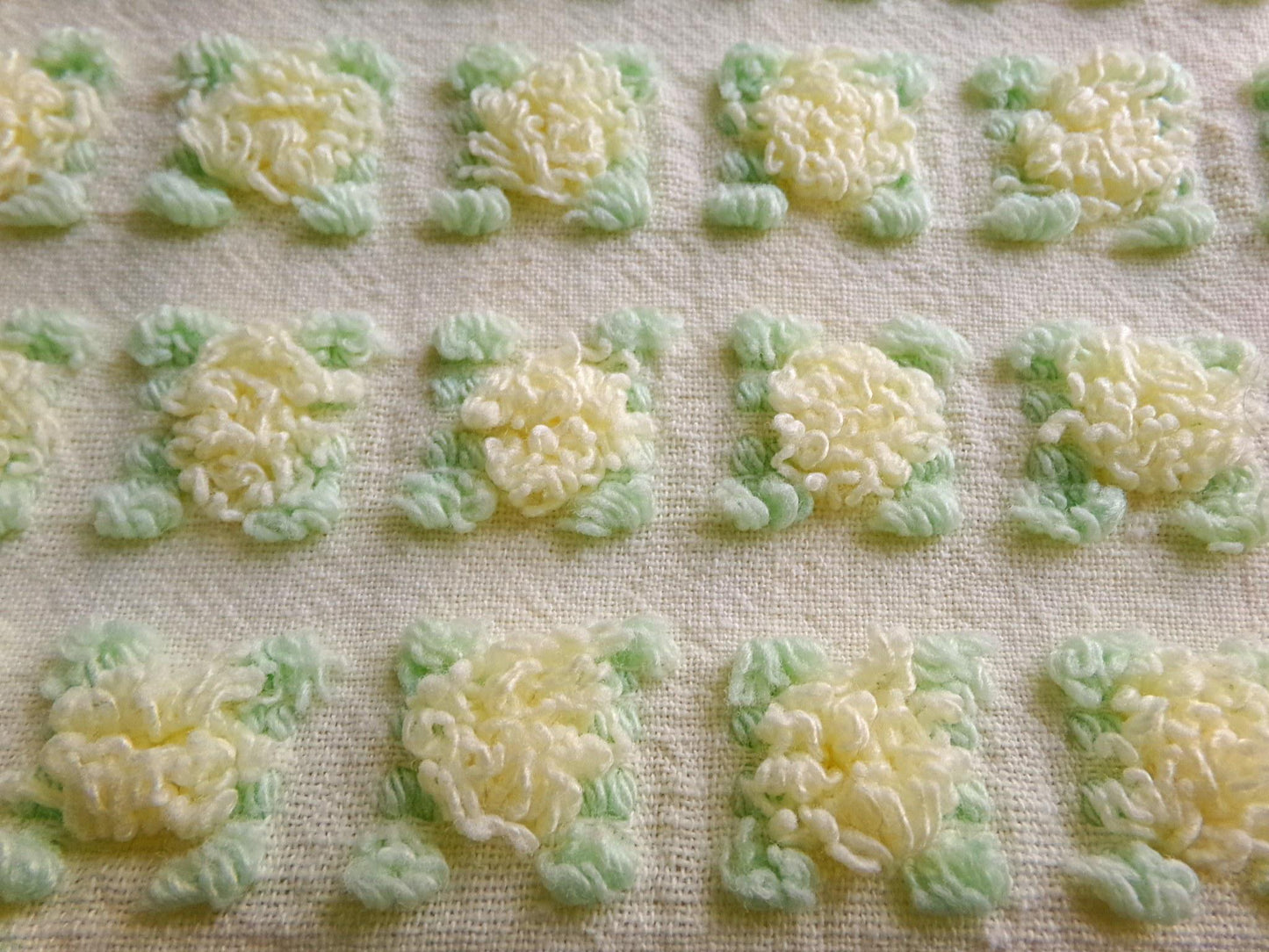 rosebud chenille fabric in radiant lemon chiffon, 18" x 25" piece of vintage quilt material with little yellow rosebuds