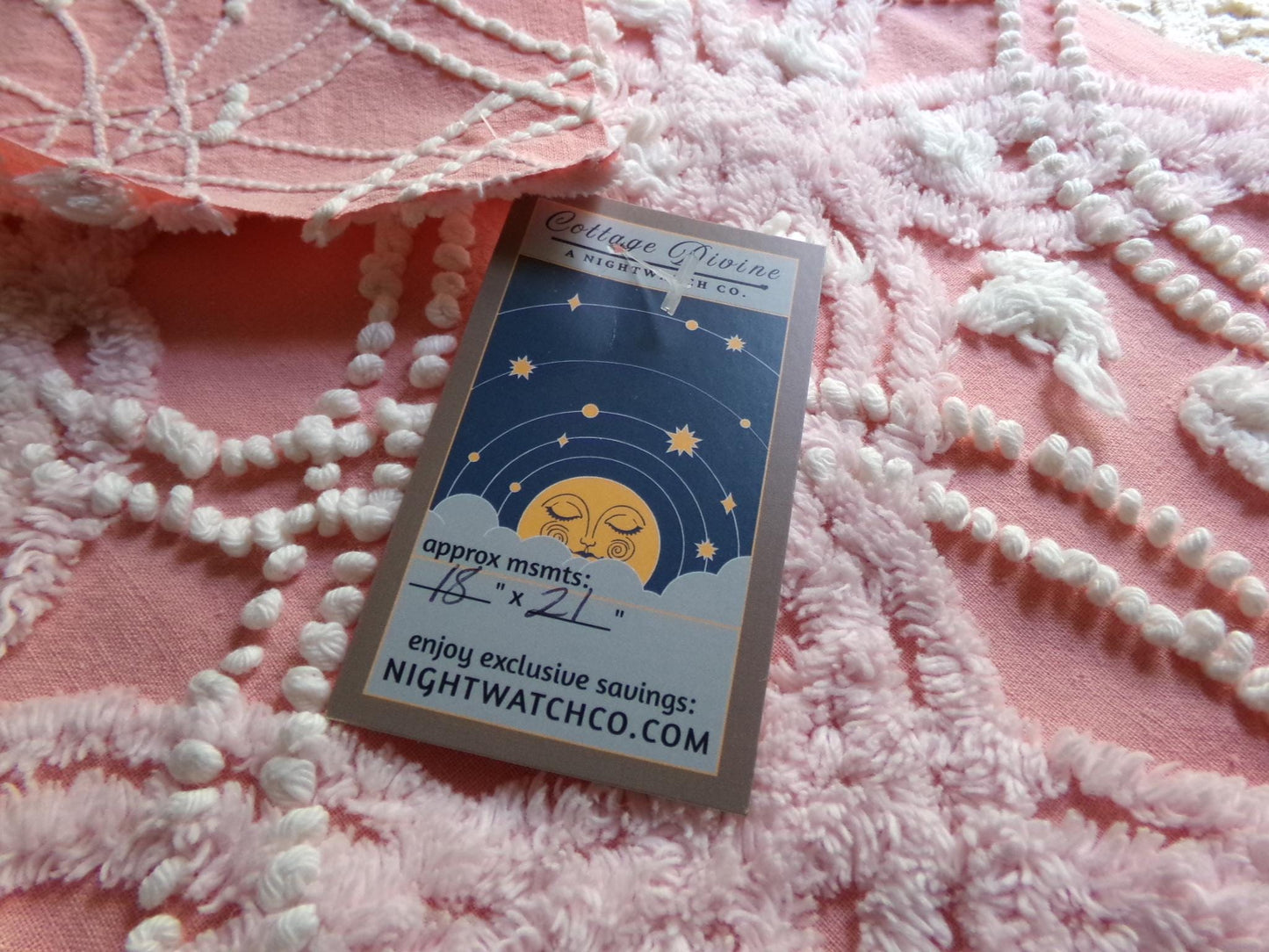 infinity links vintage chenille fabric, beautiful rose pink pearl pop design, 21" x 18" piece of cotton sewing material for pillows & quilts
