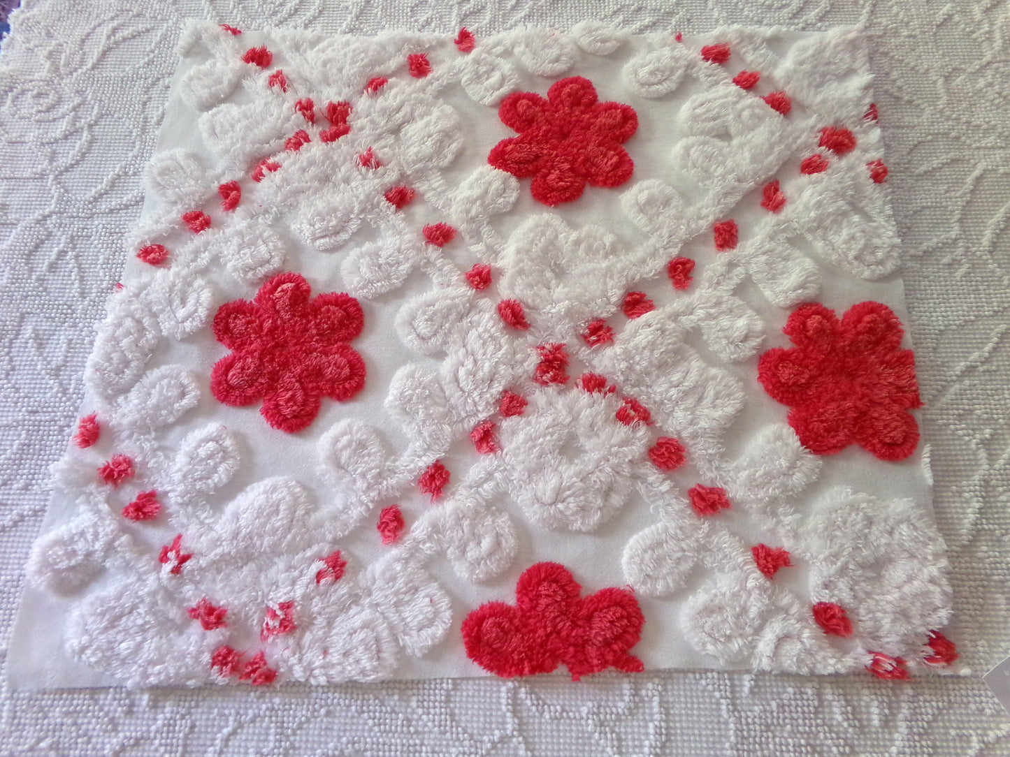 Shabby Red Flowers Vintage Chenille Fabric, 18" x 21" Inch Piece, Frosty White Plush Swirls, Ideal for Festive Crafts