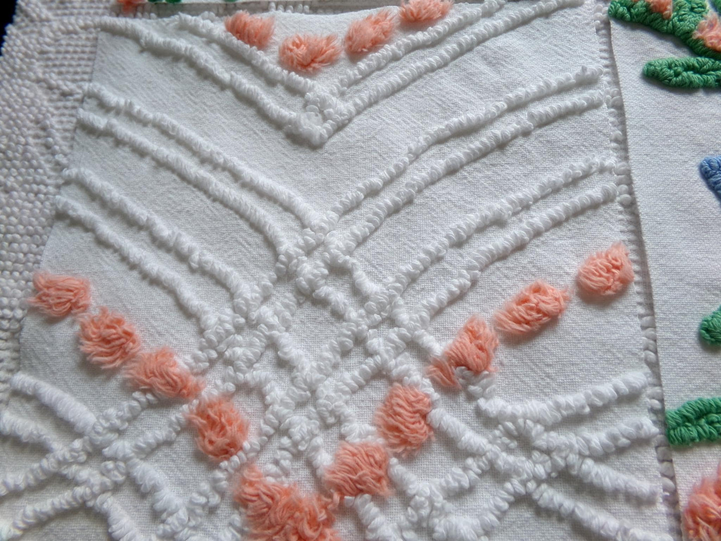cottage chic chenille fabric squares, set of 8 vintage 7.5" quilt blocks, peach, white rose floral & geometric for sewing, crafts, quilting