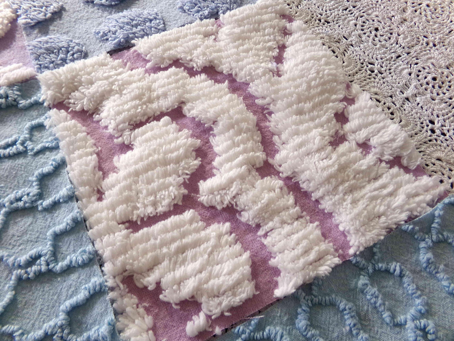sleep sweetly chenille fabric squares, calming blue, lilac & white, 17 vintage quilt blocks 6" x 6" inch, for pillows, quilting, crafts