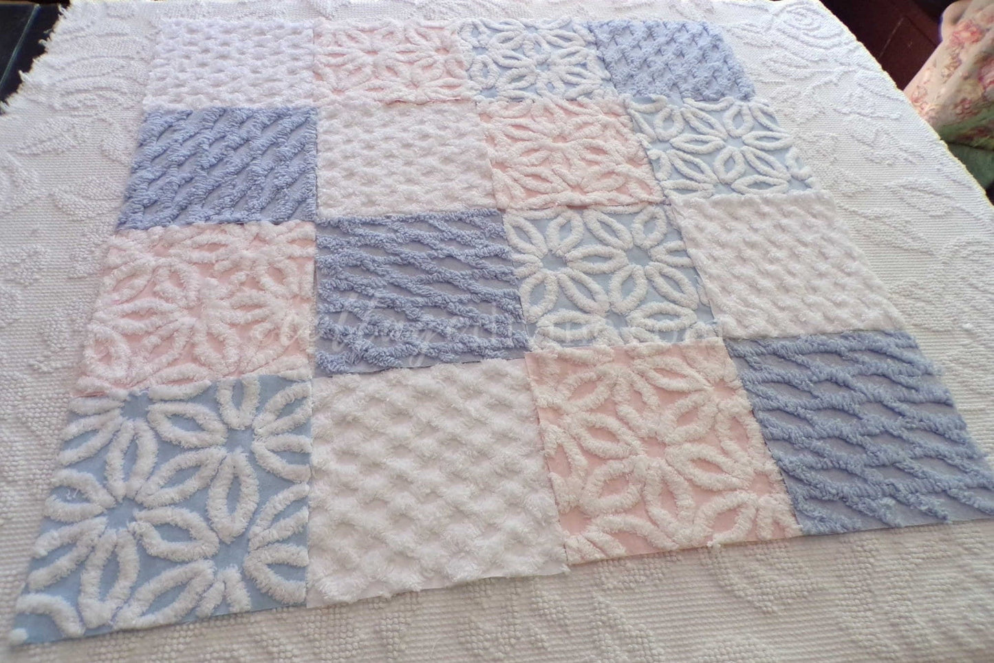 Fluffy Soft 6" Chenille Fabric Squares, Set of 16 Quilt Blocks, Pink, Blue & White Daisy Designs Cut from Vintage Chenille Bedspreads