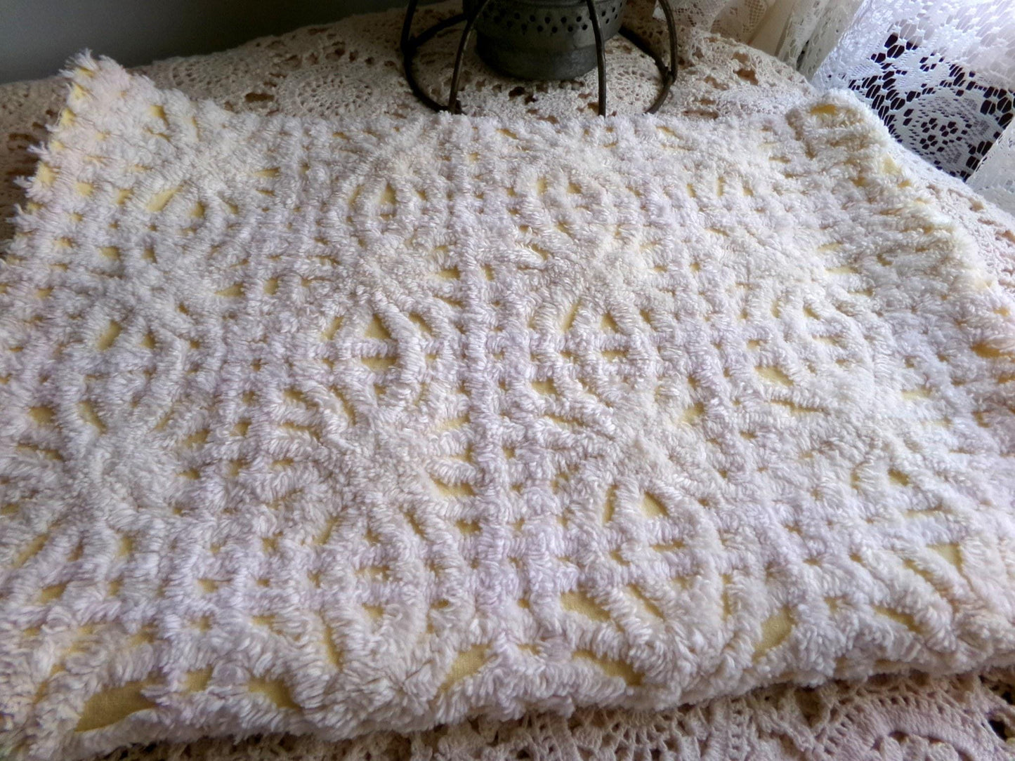 buttercup yellow vintage chenille fabric with thickly tufted spider tufts, 19" x 26" inch piece of quilt material for sewing & crafts