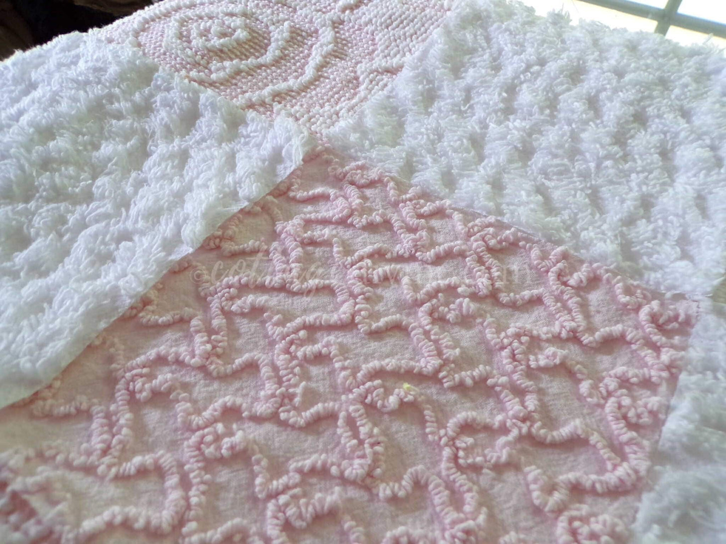Pastel Pink & White Quilt Squares Set, Rotary Cut from Vintage Chenille Bedspread Fabric, 16 Blocks, 6" x 6" inch